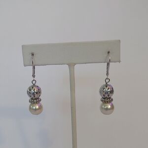 Silver-Tone Pearl Drop Earrings - White Pearl Dangles